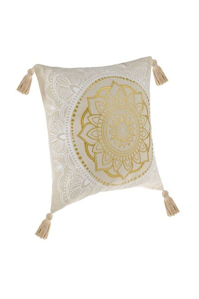 OEM Pernă decorativă de vară ecru alb cu mandala folie aurie și ciucuri bej