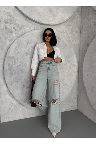 Zeo Basic KADIN BAGGY FİT LAZERLİ YÜKSEK BEL GENİŞ PAÇA KOT PANTOLON AÇIK MAVİ TİNT