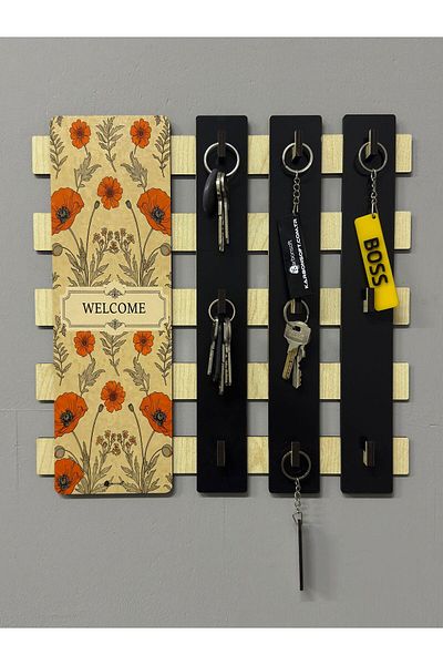 karbonsoft Wooden Flower Patterned "Welcome" Written Door Entry Keychain Hanger Keychain Holder 9 Hooks