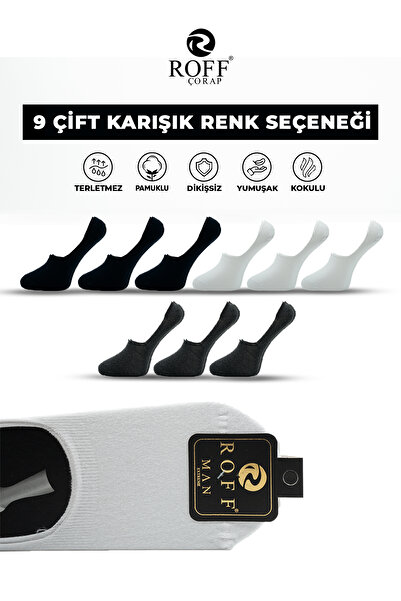 ROFF ÇORAP Roff Cotton Men's Ballerina Socks Seamless Invisible Anti-Slip Silicone Pack of 9