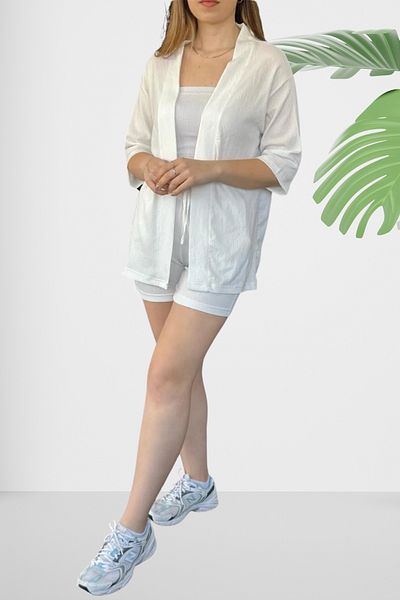 Ferhatlı Women's Kimono Set Wrinkle Fabric Summer Lycra Elastic Waist Shorts and Kimono Set
