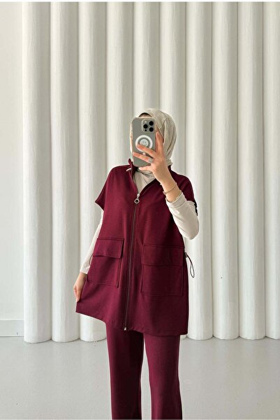 Rimel Moda Bombi Yelekli Takım Bordo