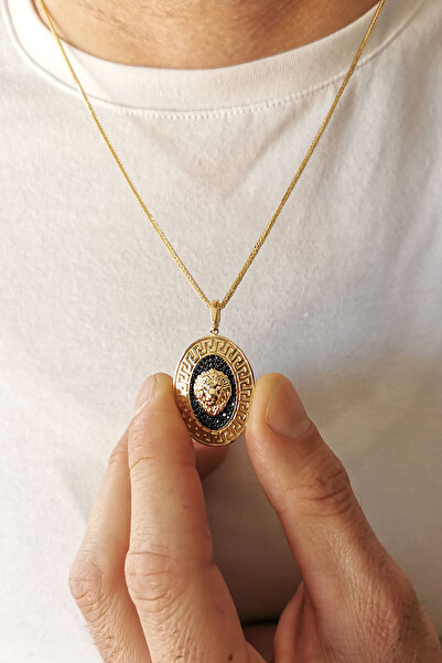 Aslı Gold Aslan Detaylı Siyah Taşlı Oval Altın Erkek Kolye