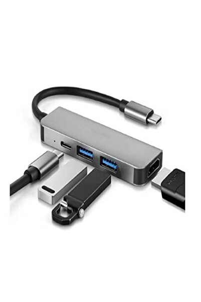 Generic محول USB-C متعدد المنافذ 4 في 1 - HDMI، 2 USB 3.0، موزع شحن USB-C PD - دونجل من الألومنيوم من النوع C