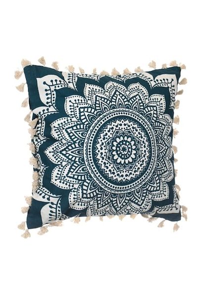 OEM Pernă decorativă de vară din bumbac, culoare petrol/alb cu Mandala și ciucuri, 45x45cm