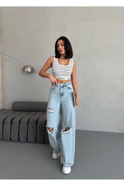 Zeo Basic Women's Baggy Fit Laser High Waist Wide Leg Jeans Light Blue