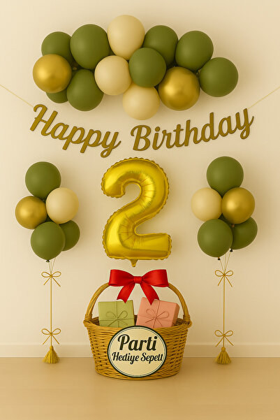 parti hediye sepeti 1 Yaş Doğum Günü Balon Seti | Gold Küf Yeşili Konsept