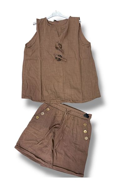 AGORATEKSTİL Women's Linen Cotton Buttoned Shorts and Buttoned Tank Top Set
