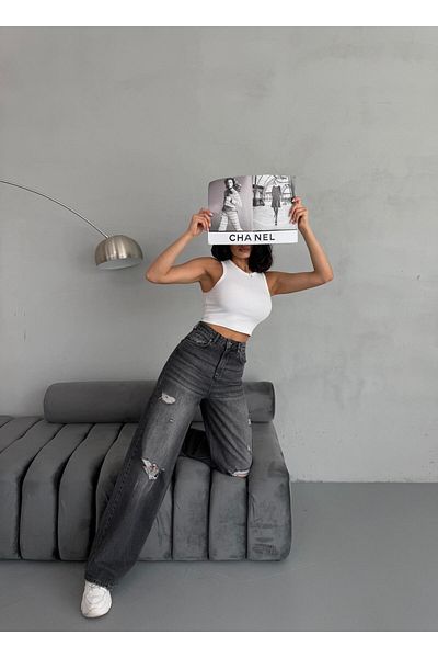 Zeo Basic Women's Baggy Fit Laser High Waist Wide Leg Jeans Pants Smoked