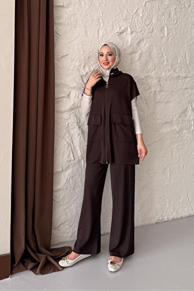 Rimel Moda Bombi Yelekli Takım Kahverengi