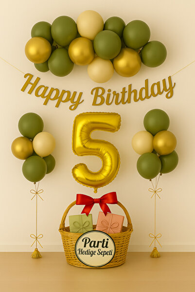 parti hediye sepeti 1 Yaş Doğum Günü Balon Seti | Gold Küf Yeşili Konsept