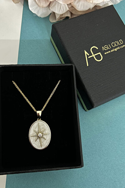Aslı Gold Kuzey Yıldızı Oval Madalyon Mineli Altın Kolye