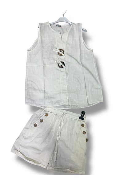 AGORATEKSTİL Women's Linen Cotton Buttoned Shorts and Buttoned Tank Top Set