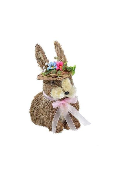 OEM Figurină decorativă de Paște în formă de iepuraș cu panglică roz și pălărie cu flori