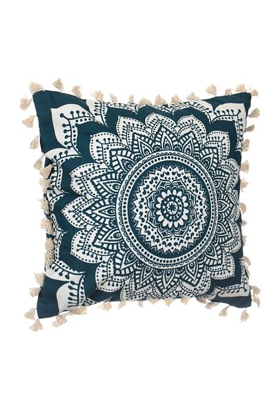 OEM Pernă decorativă de vară din bumbac, culoare petrol/alb cu Mandala și ciucuri, 45x45cm