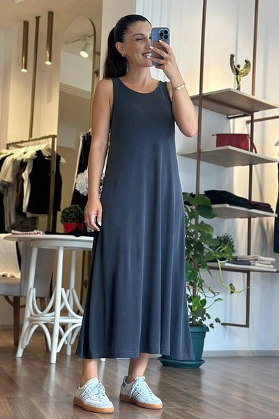 Unique Boutique Anthracite Thick Strap Modal Fabric Midi Length Dress