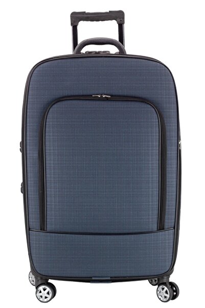 Öntan Çanta Ekonomik Unisex Kumaş Kırılmaz 4 Tekerlekli Önü Cepli Orta Boy Lacivert Valiz