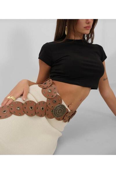 Lydie's Kadın Kahverengi Suni Deri Madalyon Toka Kovboy Stil Tasarım Kemer