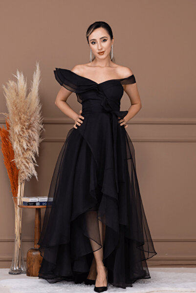 BEYBOS Organze Kumaş Kat Kat Abiye Elbise - SİYAH