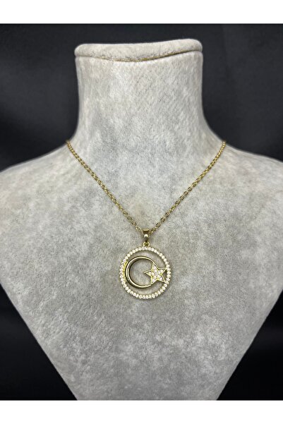 Mos Tespih Moon Star Stone Embroidered Special Design Steel Necklace