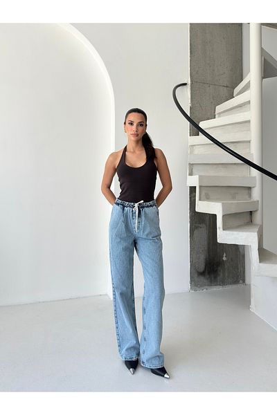 ÇEÇİM Women's High Waist Elastic Lace-Up Wide Leg Jean Pants Zyn-58801