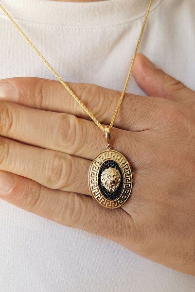 Aslı Gold Aslan Detaylı Siyah Taşlı Oval Altın Erkek Kolye