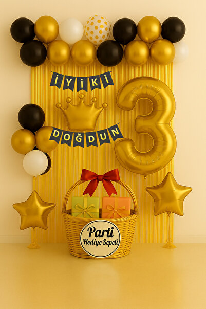parti hediye sepeti Altın Taç Temalı Doğum Günü Seti | Siyah Gold İyi ki Doğd...