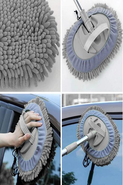 SİHİRLİ MOP Car Wash Brush Auto Wash Mop with Microfiber Cloth Telescopic Handle with 1 Spare Cloth Gift Gray