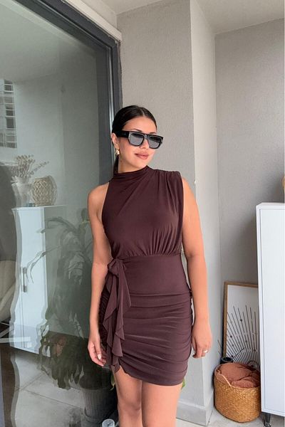 Güneş Asymmetrical Draped One Shoulder Mini Dress