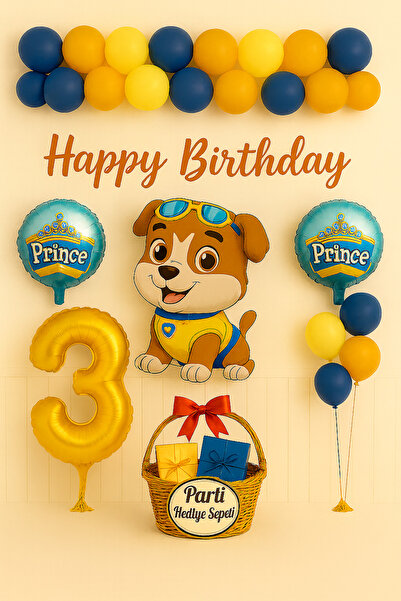 parti hediye sepeti Prince Köpek Temalı 1 Yaş Doğum Günü Seti | Lacivert Sarı...