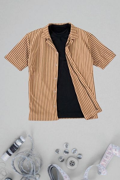 Ferhatlı Men's Waffle Shirt Short Sleeve Cotton Fabric Striped Seasonal Lycra Oversize