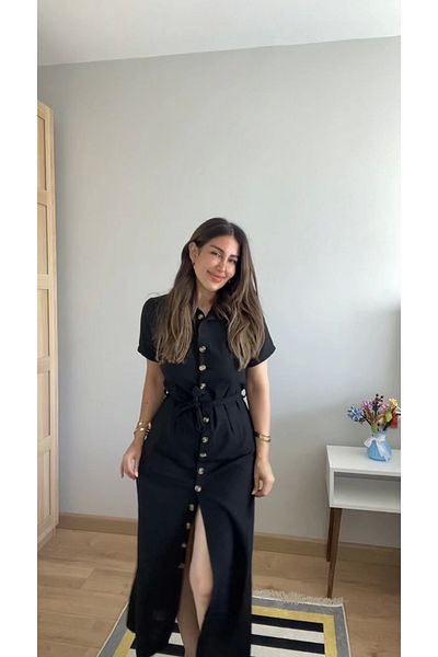 nedo7 Women's Short Sleeve Collared Front Buttoned Waist Belted Imported Linen Dress