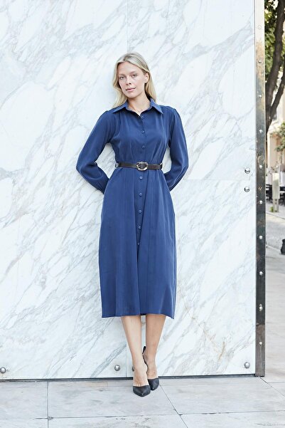 Jument Women's Autumn Lycra-Free Modal Fabric Collar Side Pocket Leather Belt Long Sleeve Tea-Length Dress-L