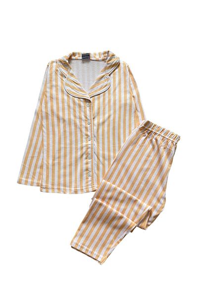 Şekerkids Girl's 100% Cotton Yellow and White Striped Shirt Collar Buttoned Seasonal Pajama Set