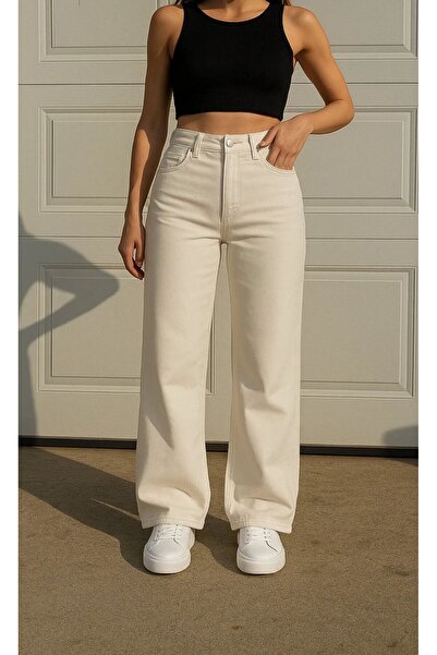 Shield Life Παντελόνι Κρεμ Χρώμα Palazzo Φαρδύ Πόδι