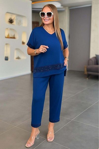modamtn Women's Short Sleeve V-Neck Sequined Viscose Two Thread Blouse and Pants Set