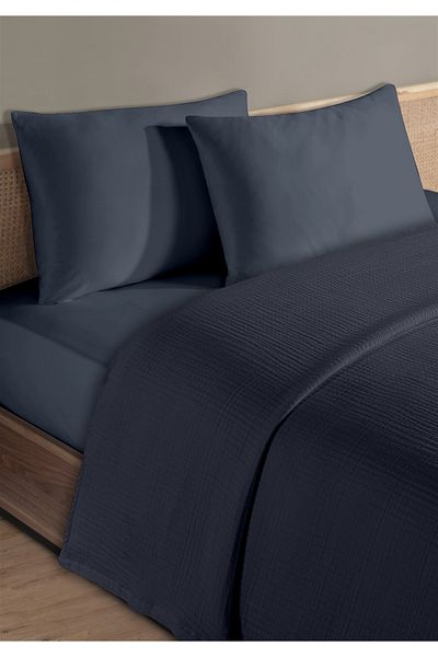 Evim 100% Natural Cotton 4 Layer Muslin Luxury Single Pique Set Navy Blue 160X230Cm