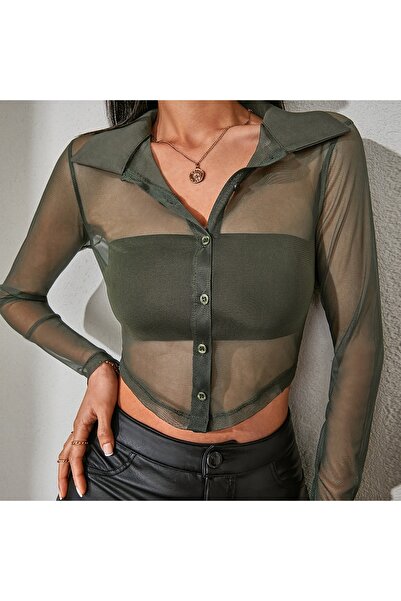 MOVİMENT Kadın Haki Uzun Kollu Tül Crop Gömlek