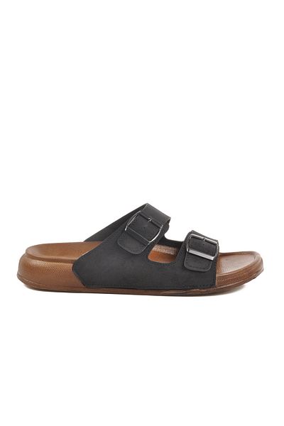 Foxter Black Double Buckle Men's Flat Slippers