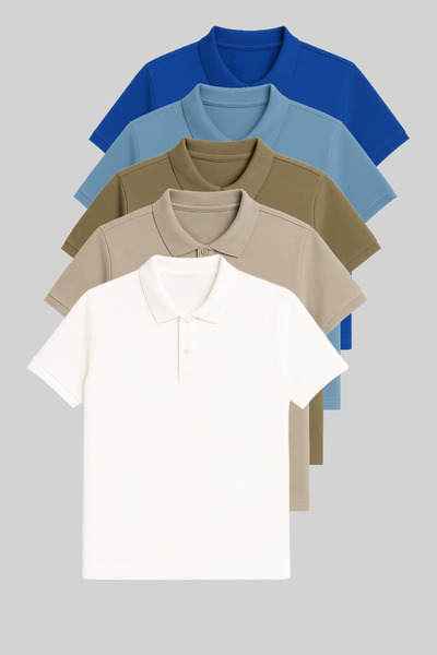 MAXIMILLIAN Men's Slim Fit Polo Neck T-Shirt 5 Pack Turquoise-Bebe Blue-Khaki-Grey-White