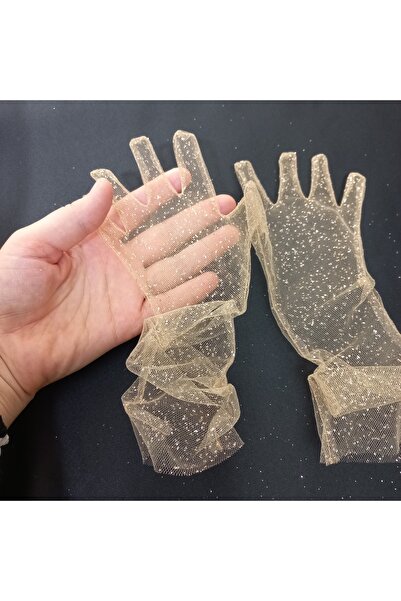 Qrsln Miva ışıltılı tül uzun çocuk eldiveni ten rengi