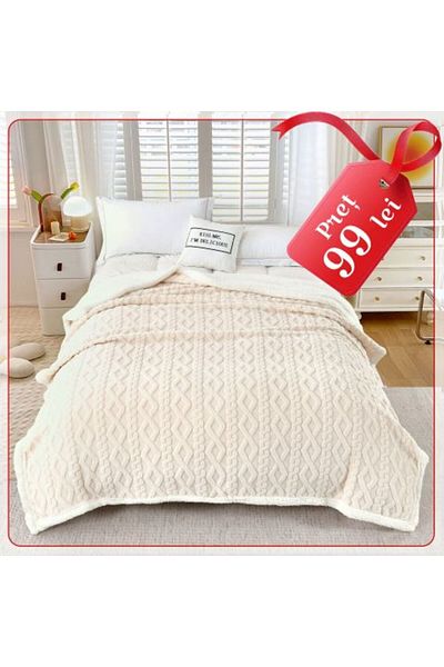 Ralex Blanket with fleece, knit model, for double bed 200 x 230 cm, Cream