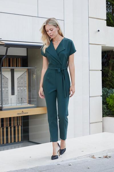 Jument Shawl Collar Off-Shoulder Lace-Up Ankle-Length Stylish Lightweight Lycra Fabric Stylish Office Jumpsuit-Smalt