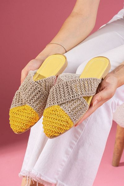 FUGA MODA Simpa Yellow Mink Two-Color Closed Front Cross Tape Detailed Knitted Knitwear Slippers
