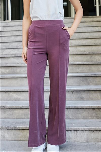 Jument Pantaloni palazzo cu talie înaltă din țesătură modal mătăsoasă din lycra pentru femei, cu buzunare cusute în față, cu picioare largi - roșu claret