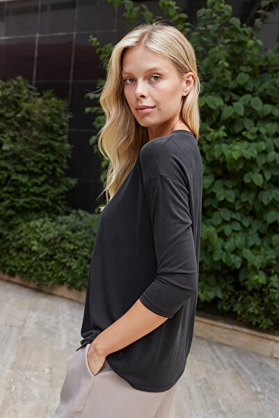 Jument Γυναικεία ποιοτική Modal Stretchy Fabric Wide O-Neck Capri με μανίκια τριών τετάρτων ελαφριά χαλαρή μπλούζα-μαύρο