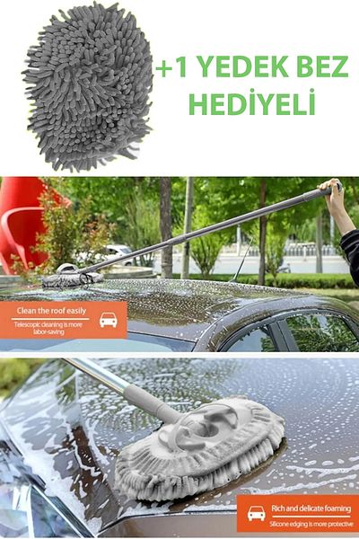 SİHİRLİ MOP Car Wash Brush Auto Wash Mop with Microfiber Cloth Telescopic Handle with 1 Spare Cloth Gift Gray