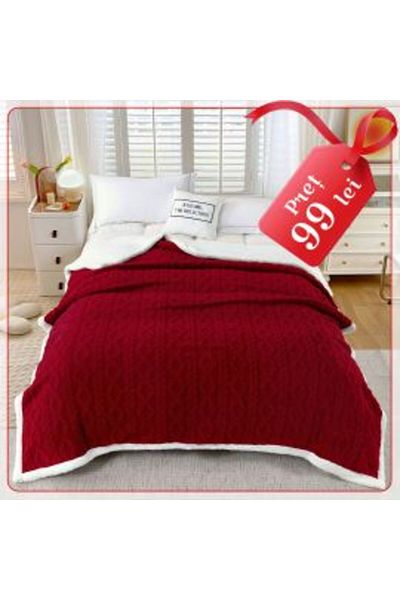 Ralex Fleece blanket, knitted pattern, for double bed 200 x 230 cm, Red