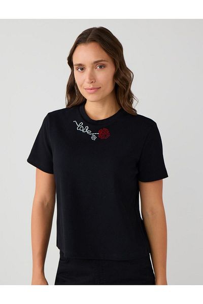 Jimmy Key Black 100% Cotton Crew Neck Floral Pattern T-Shirt