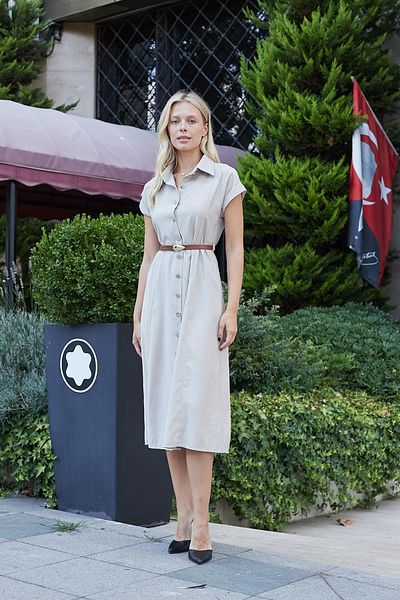 Jument Rochie de damă din twill modal, cu guler, cu umeri, cu mâneci duble, lungime midi, sub genunchi (inclusiv centura din piele) - vizualizare deschisă